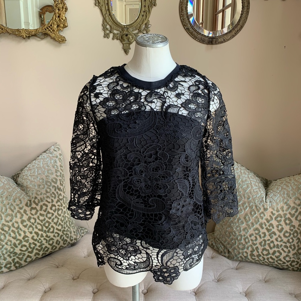Zara Black Lace Crew Neck Blouse